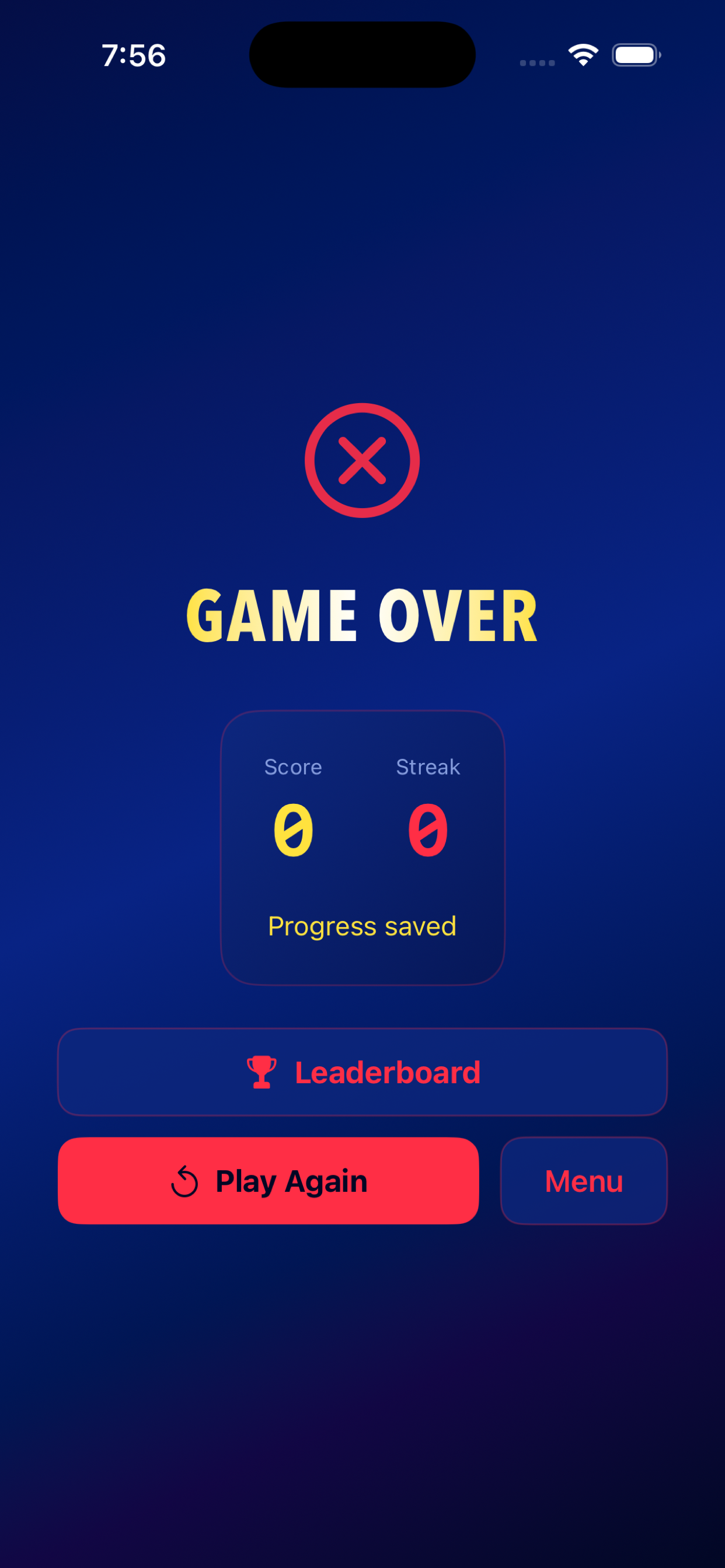 Lightning Numerology Game Over screen with score and streak